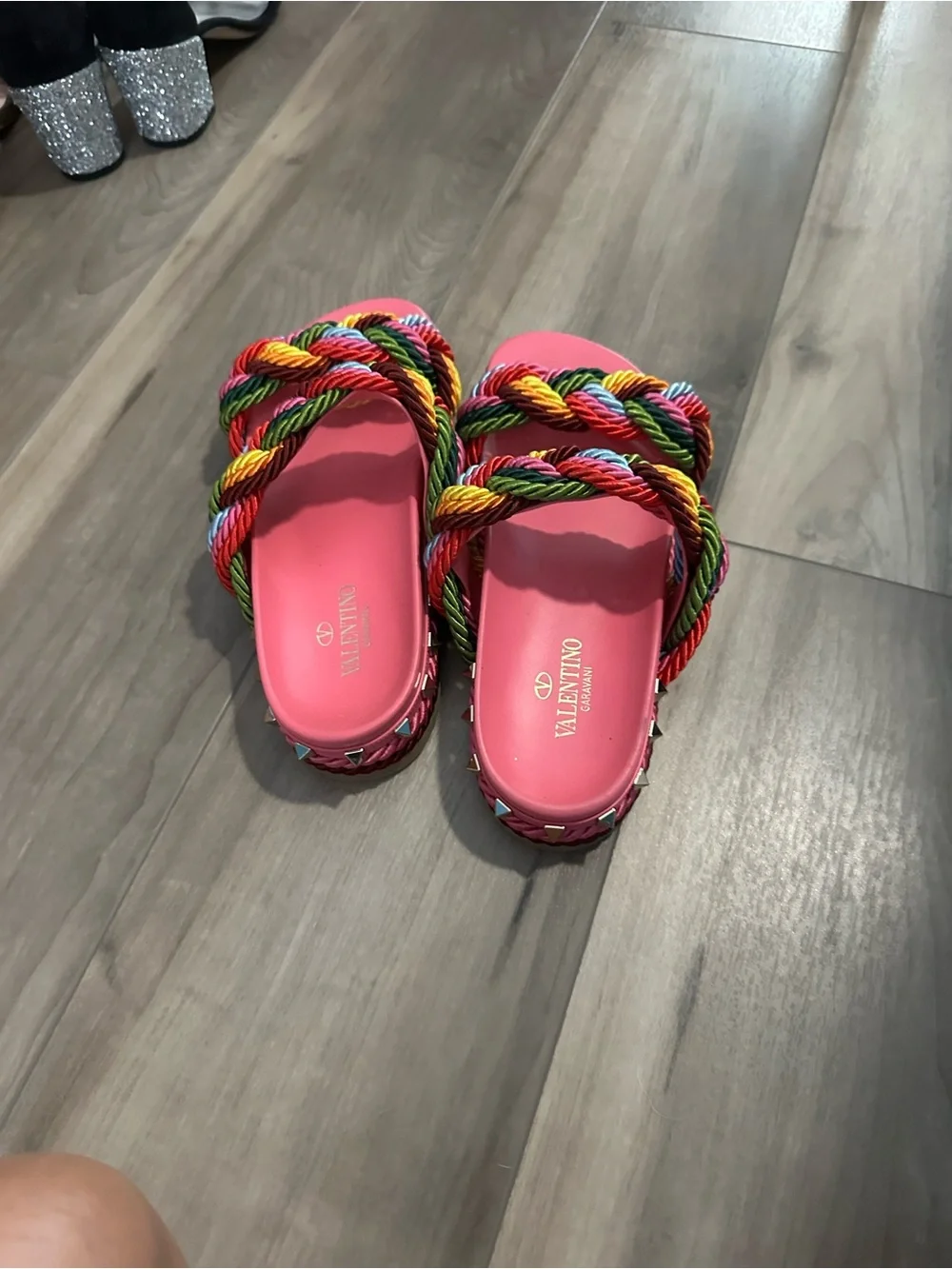 Valentino Pink Slide Sandals with Multicolor Braided Rope Straps
